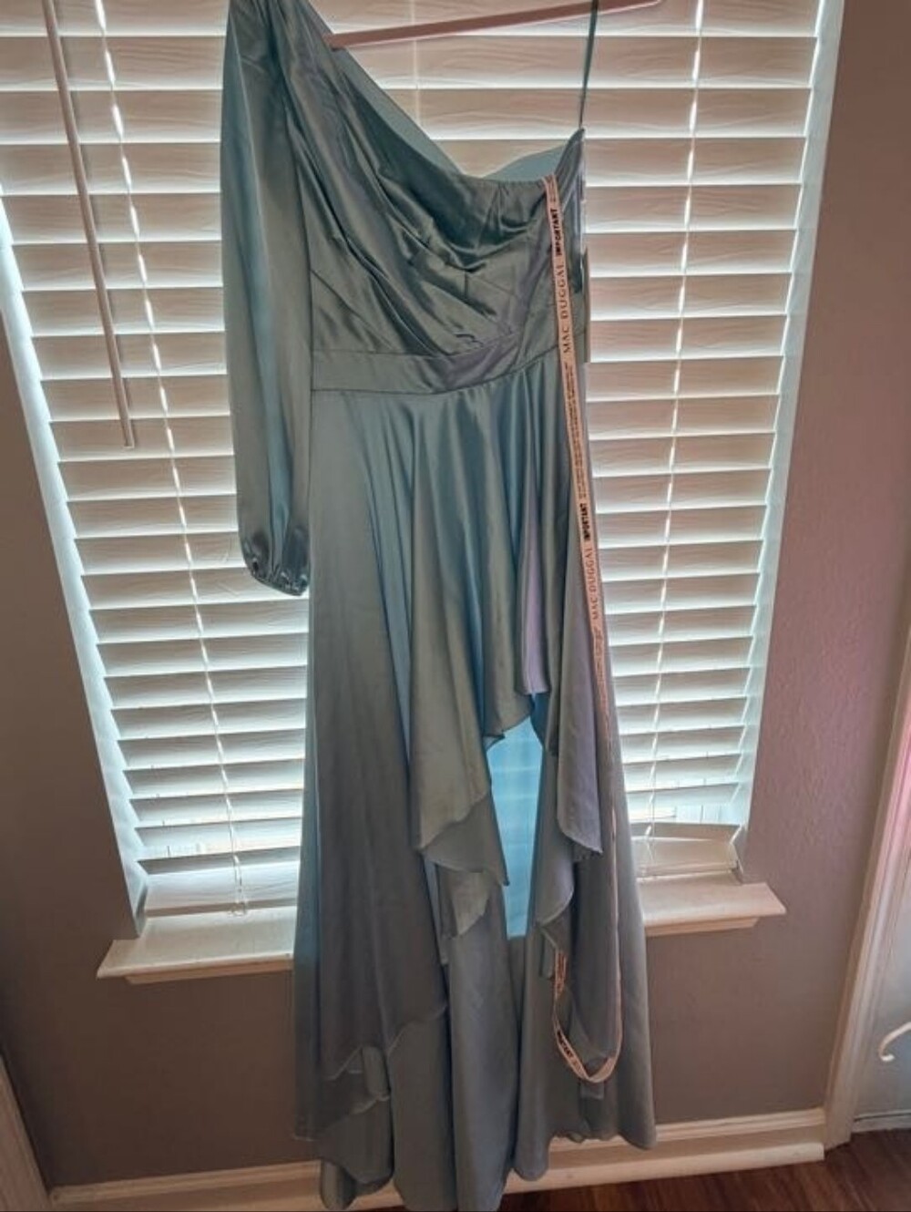 Mac Duggal One-Shoulder High-Low Satin Dress in French Blue - Picture 3 of 6